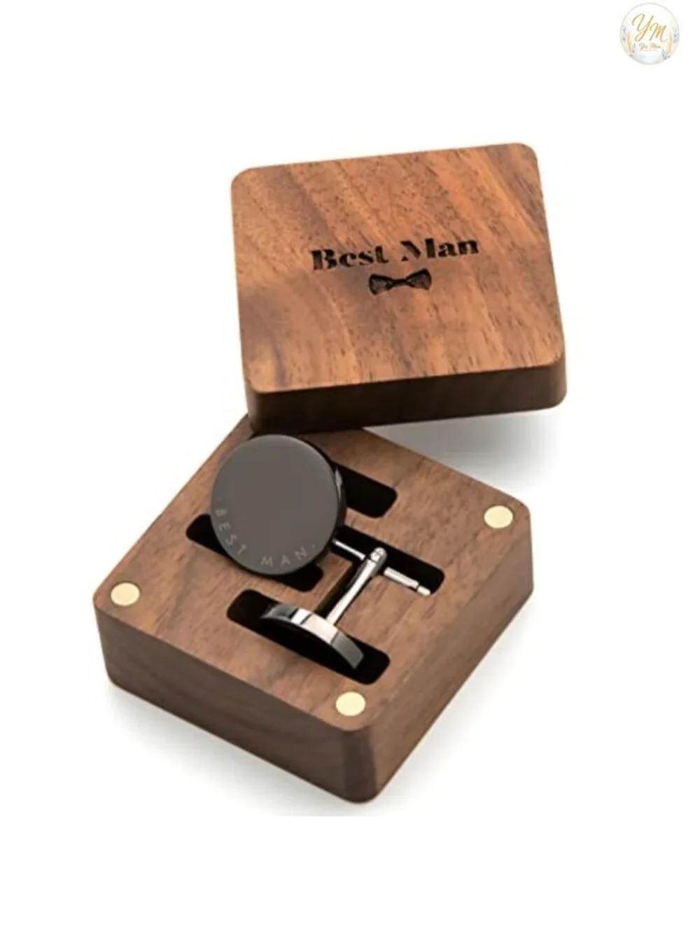Best Man Gunmetal Cufflinks with Engraved Wood Gift Box